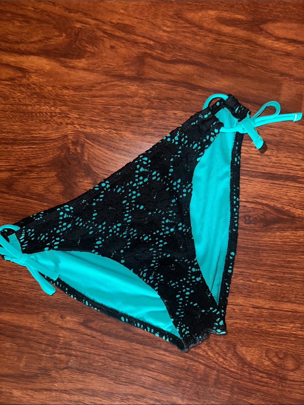 California Waves Black Lace Over Teal Tie-Side Bikini Bottom